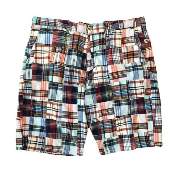 Vintage genuine India Madras Preppy Plaid Patchwork flat front Bermuda shorts 40 - Picture 1 of 5
